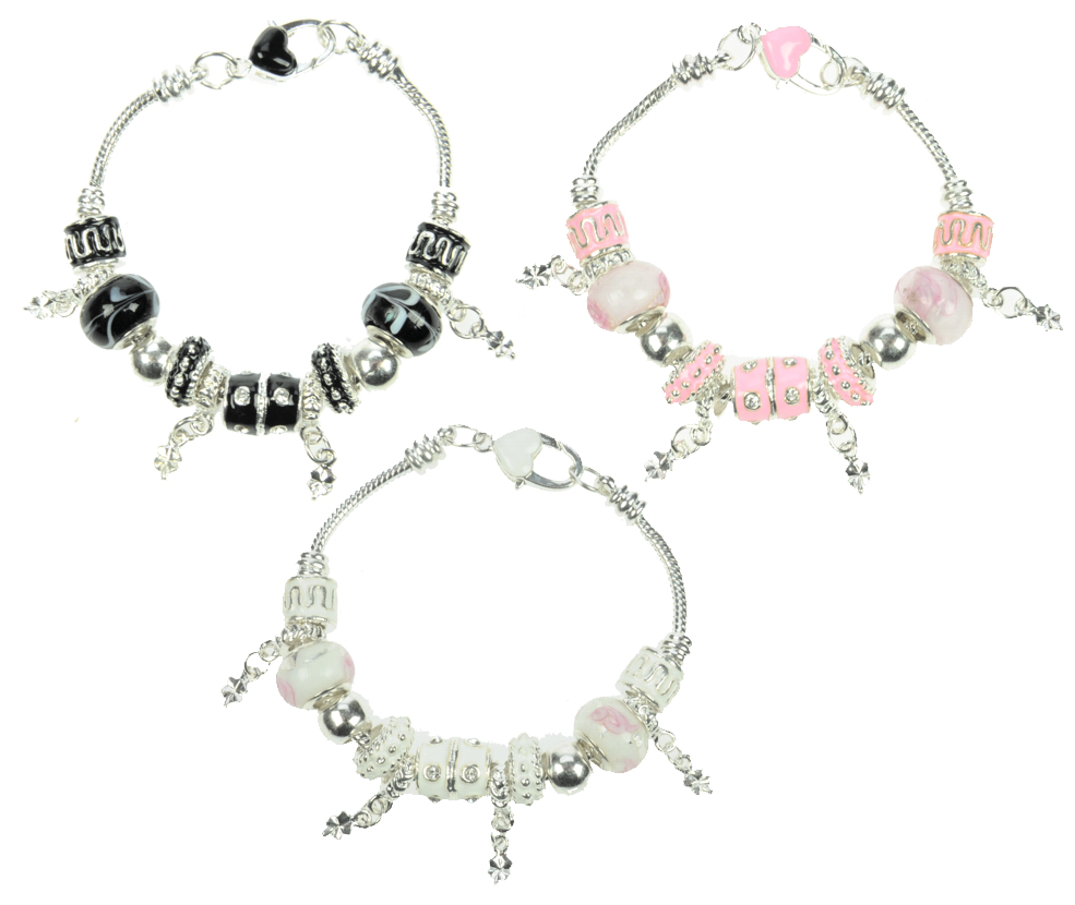 Bracelets - Beads with Heart Clip - 3 Colours  (Pack Size 24) NOW LIMITED STOCK